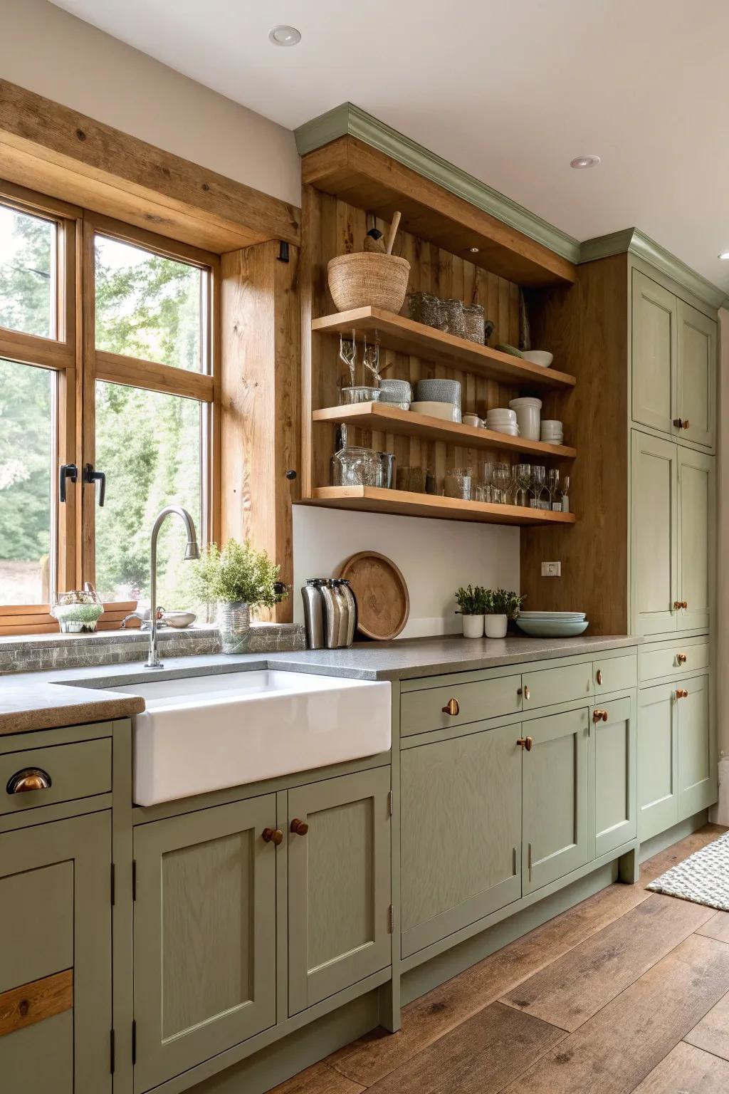 Timber ledges enhancing the sage green cupboard design.