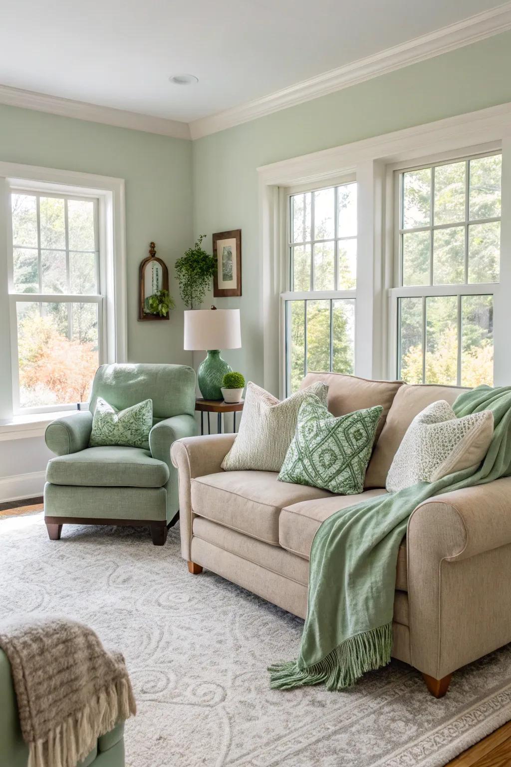 Earthy tones beautifully complement soothing sage green details.