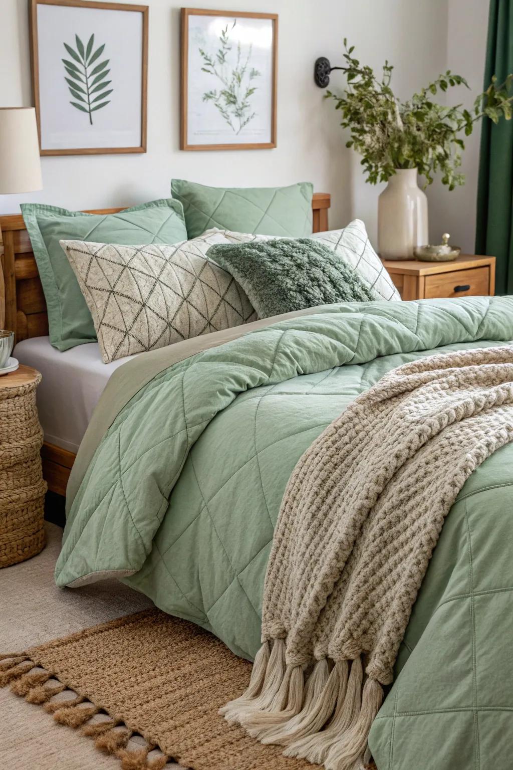 A snug bed layered with shades of misty green ensemble.