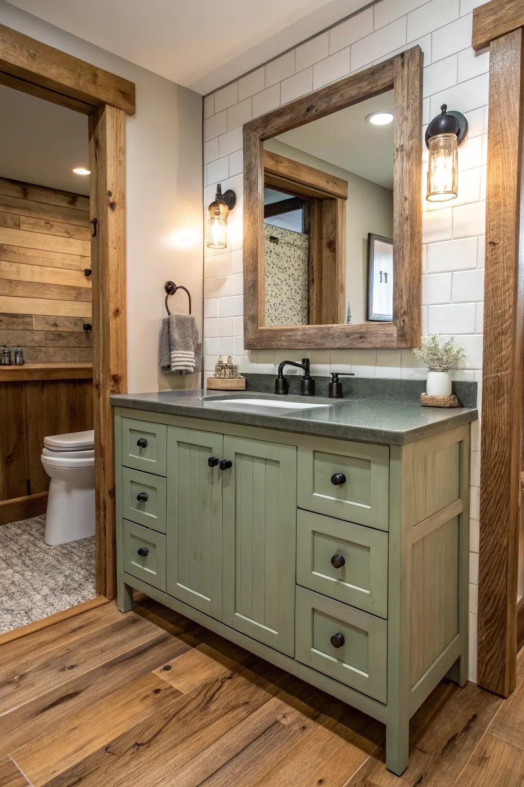 A rustic bathroom featuring a sage green vanity accompanied by natural wood elements.