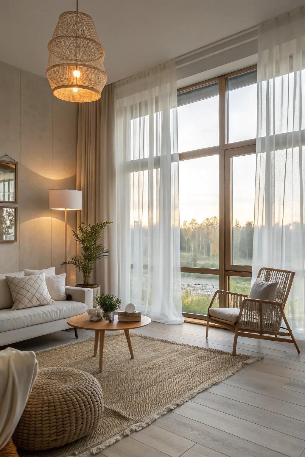Natural light flows into a Scandinavian living area, creating a spacious and airy ambiance.