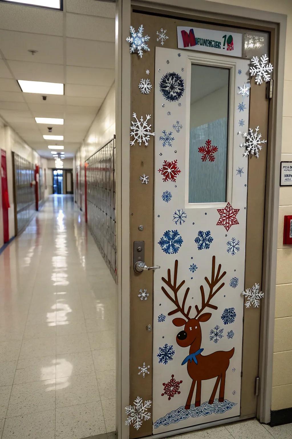 A wintry 'Reindeer Care Station' theme beautifying the school clinic entrance.