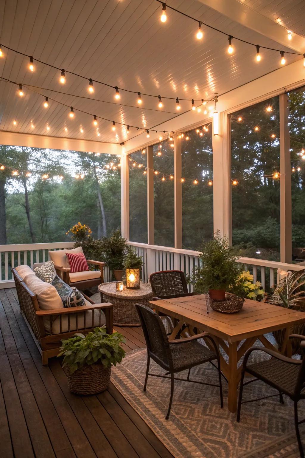 Radiant hanging lights create an enchanting atmosphere on the porch.