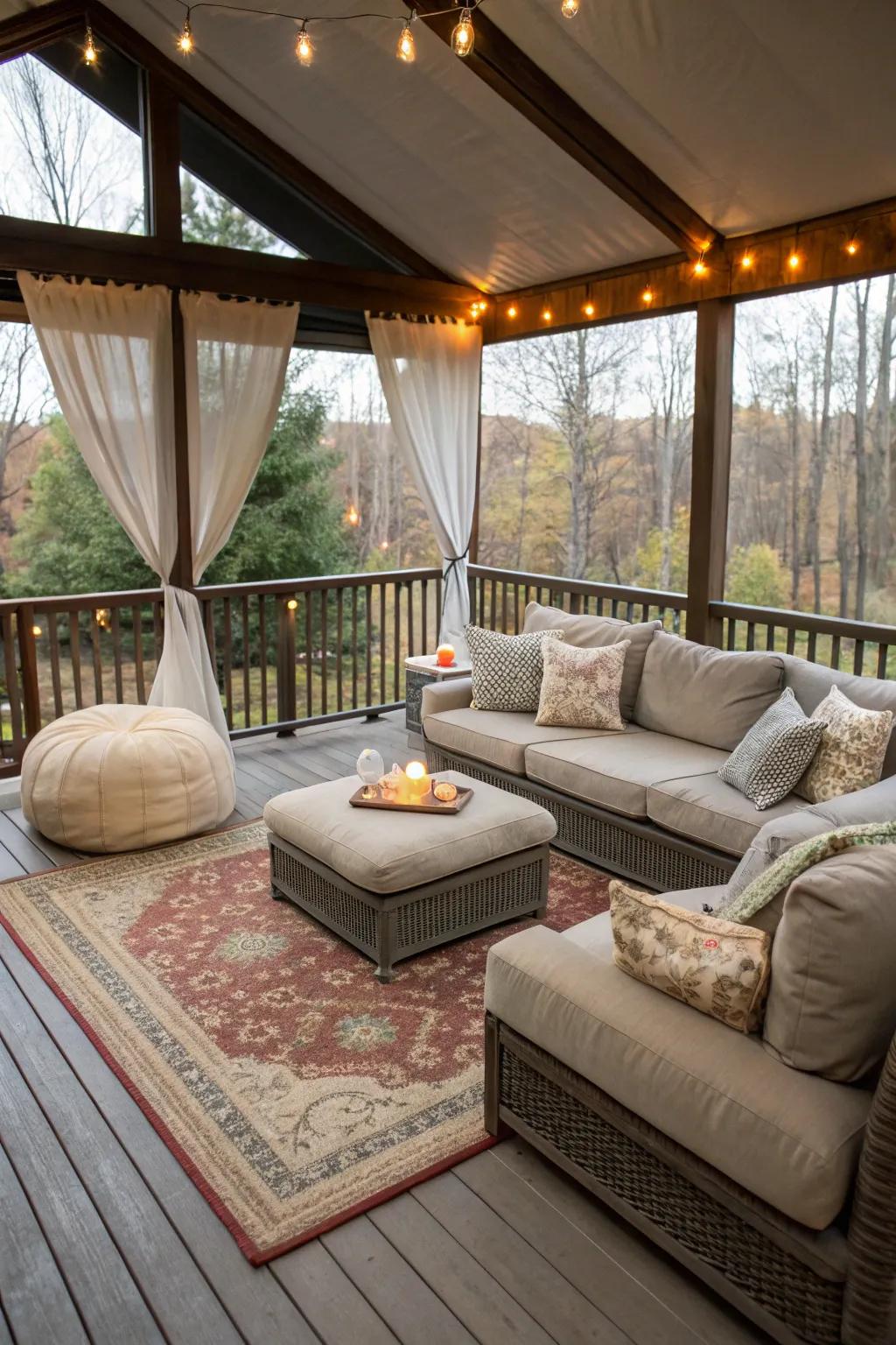 Construct a welcoming blended indoor-outdoor space on your deck.