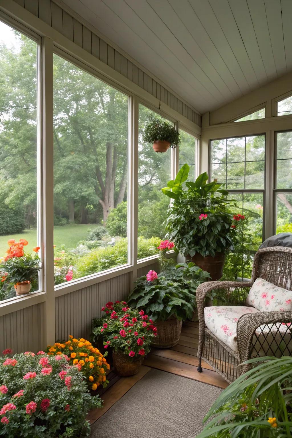 The porch is brought to life with natural elements.