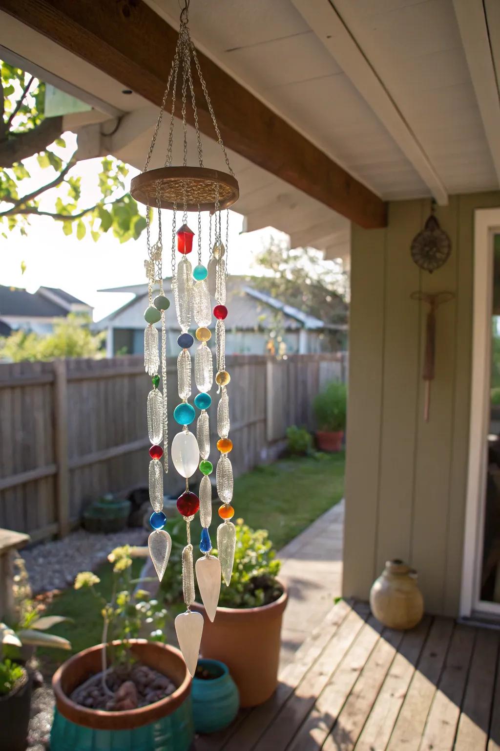 Sea glass wind chimes add a whimsical touch to outdoor spaces.
