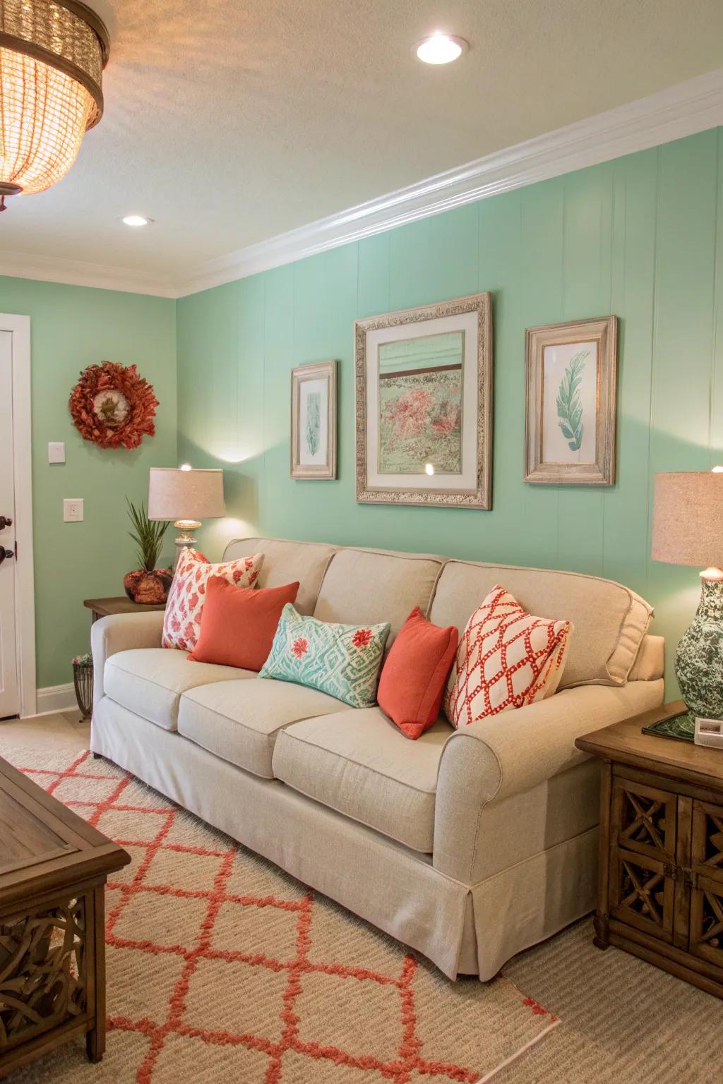 A coastal-inspired living room with seafoam green walls and colorful accents.
