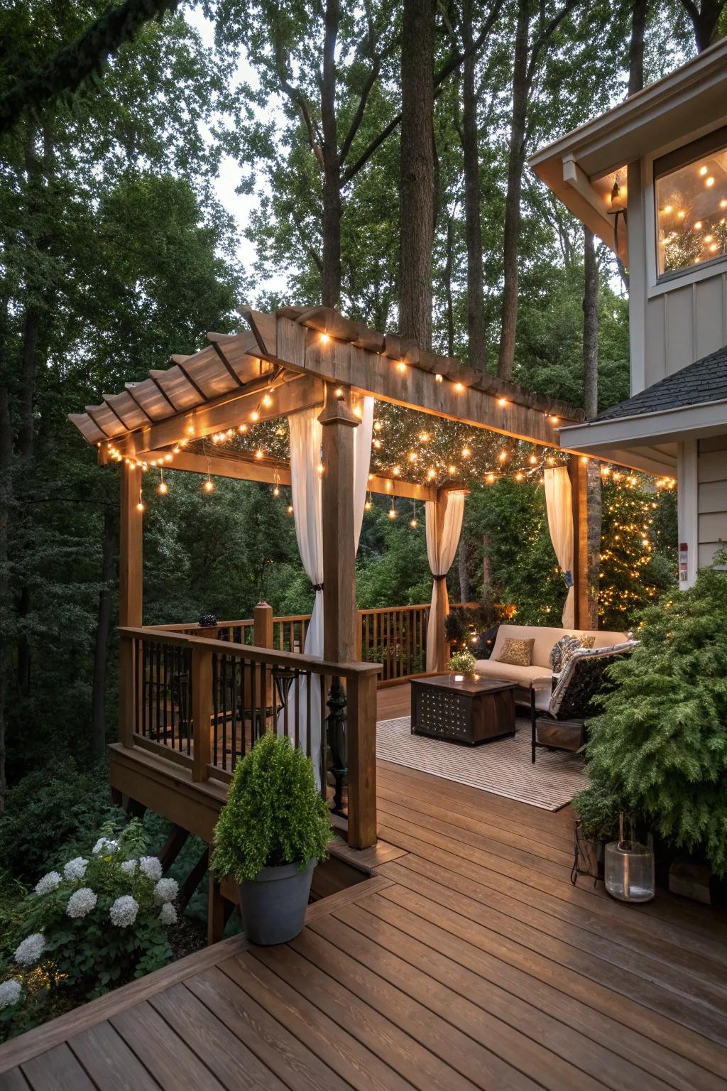 A deck with a pergola that offers elegant shade and a pleasant ambiance.