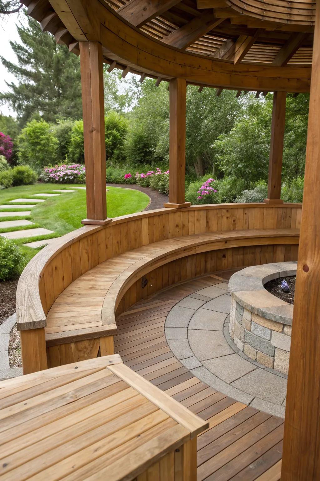 Curved seating that complements the patio's shape enhances the sense of togetherness.
