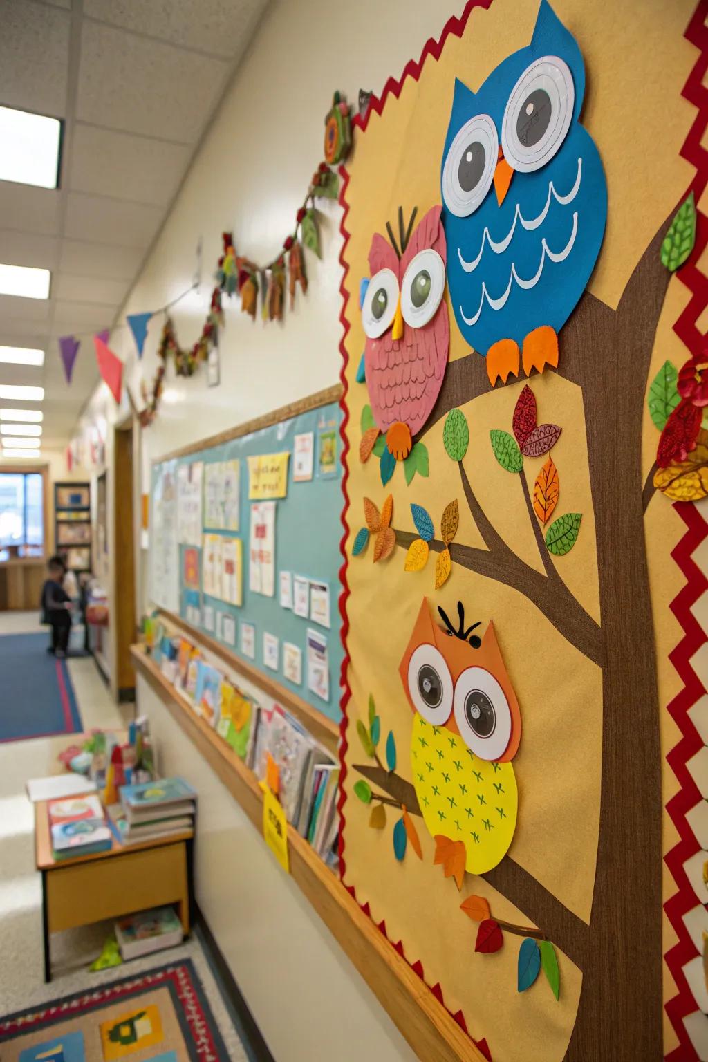 A whimsical, owl-centered preschool bulletin board featuring interactive aspects.