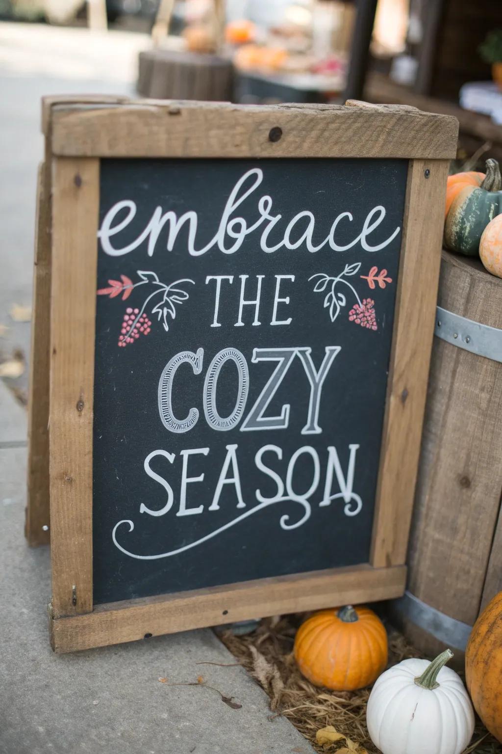A superbly written fall quote on a chalkboard complete with illustrations of pumpkins.