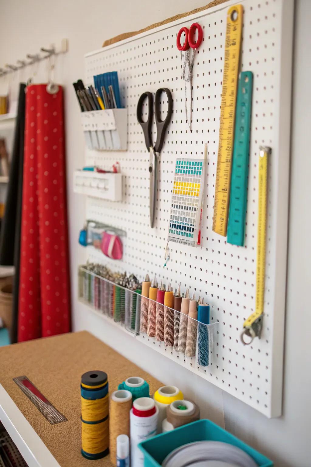 A pegboard guarantees vital instruments are within easy reach.
