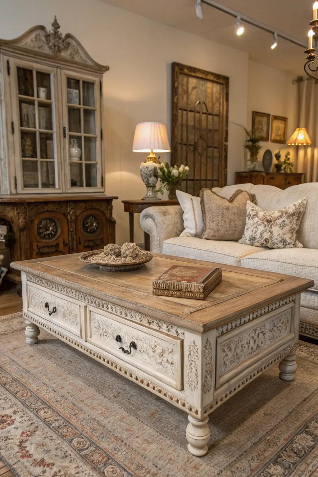 An elegant vintage item that contributes character and appeal to the living area.