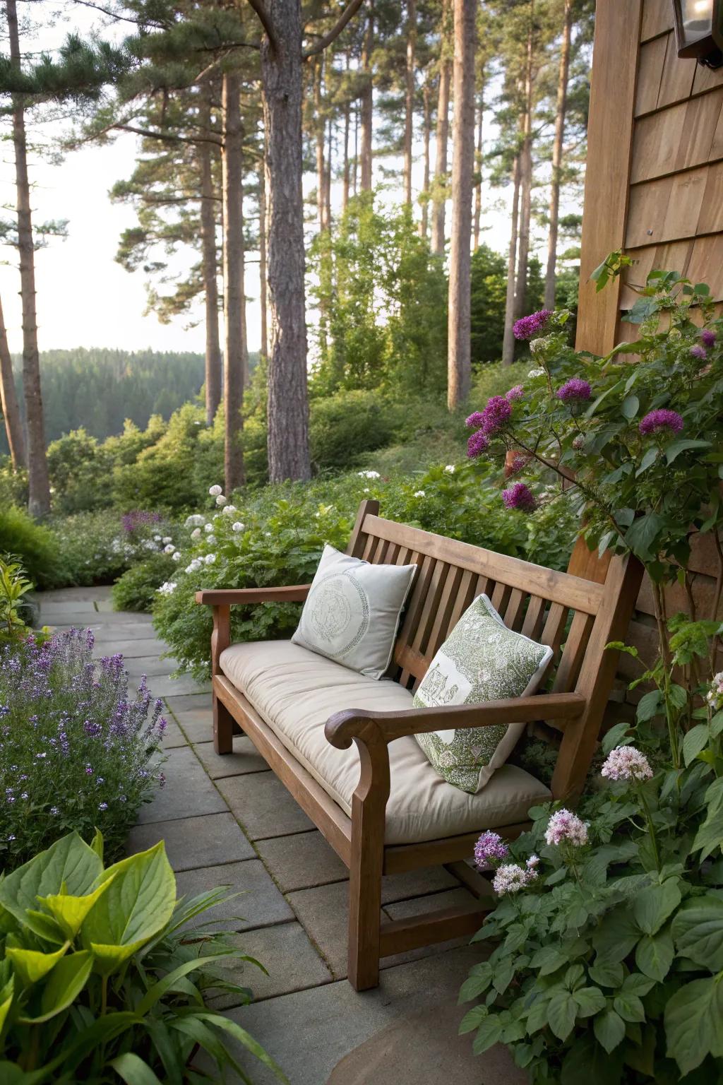 A timber bench provides a tranquil setting to unwind in a shaded spot.