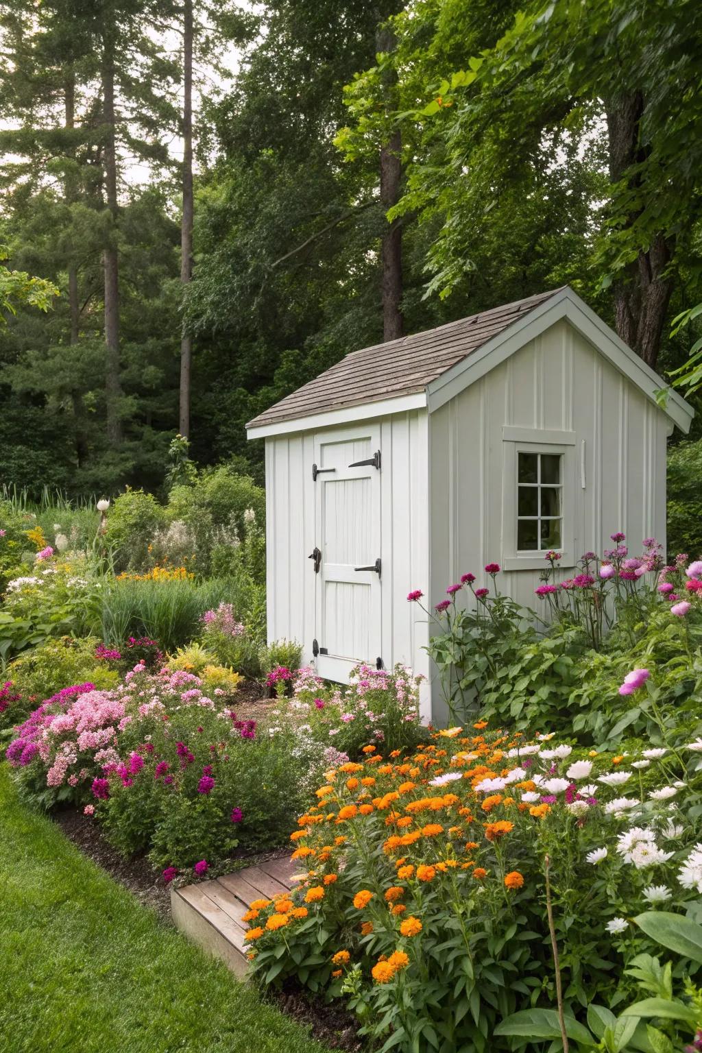 A crisp white shed offers a clean, modern aesthetic in any garden landscape.