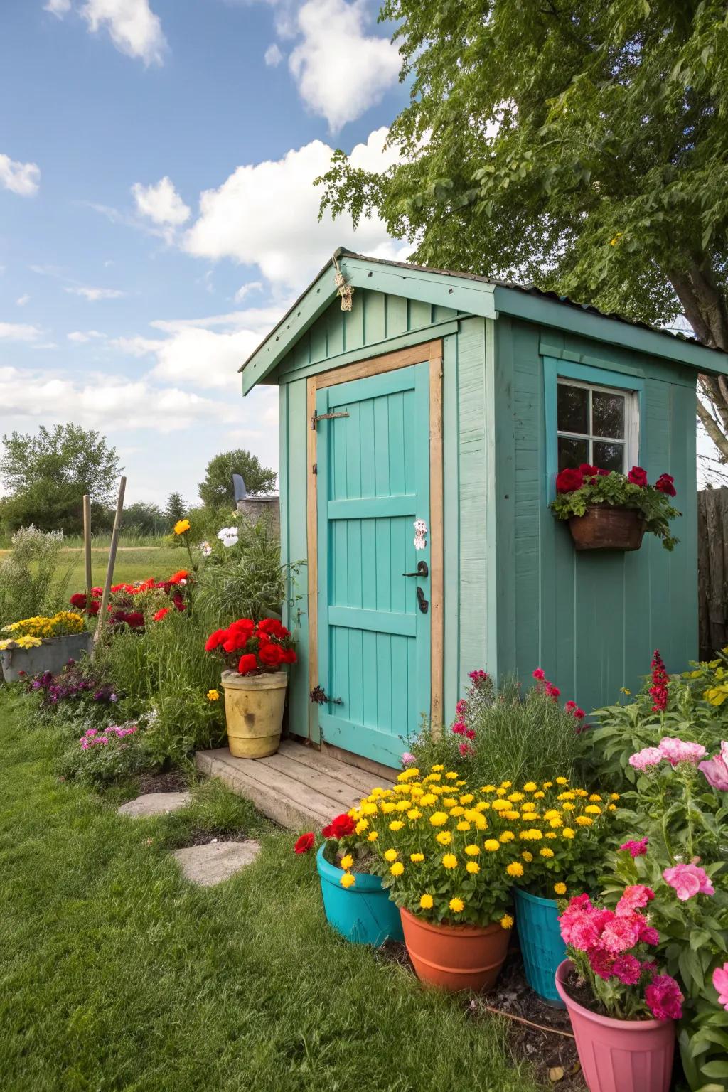 A yard outbuilding with a blue entrance, adding a splash of color to the yard.