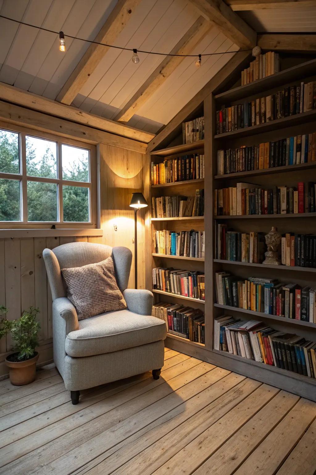 A shed converted into a serene reading nook, ideal for enjoying peaceful moments with a book.