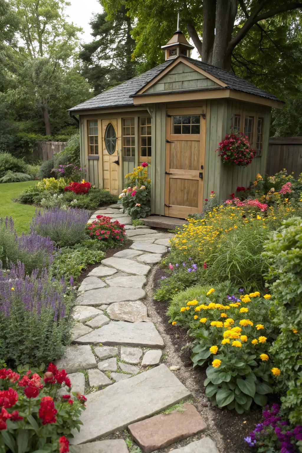 A garden shed becomes the main attraction with pathways guiding the eye.