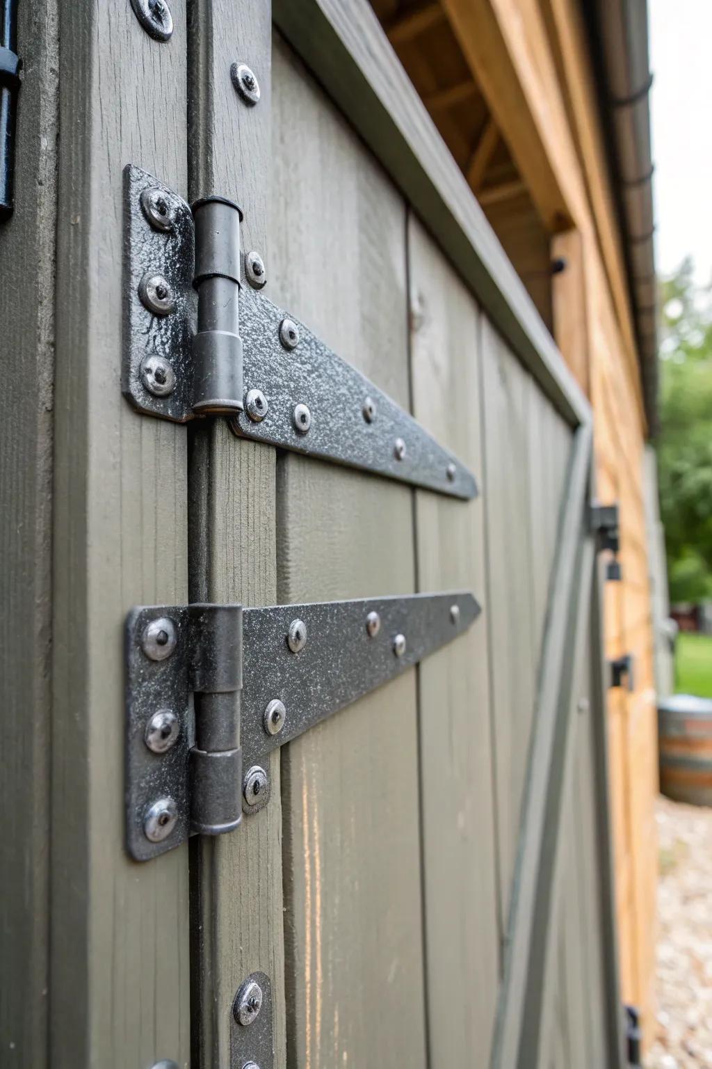 Reinforced metal hinges enhance the strength and security of a shed door.