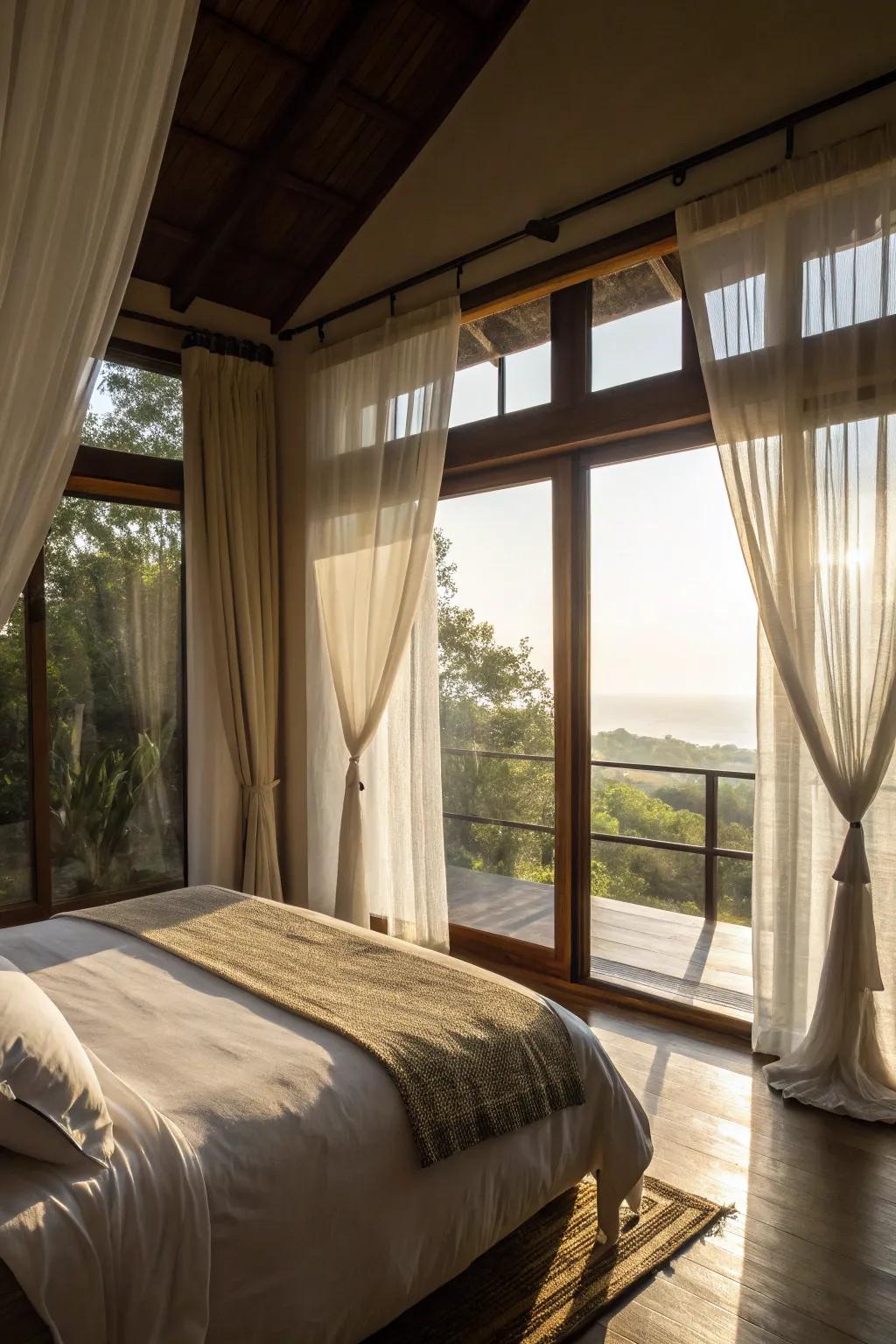 Ethereal drapes temper and amplify sunlight, creating a serene and pleasant sleeping chamber.