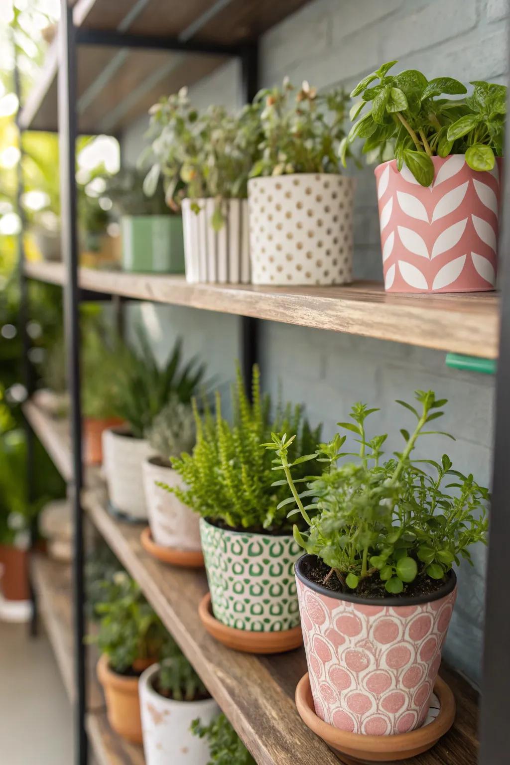 A shelf decorated with small potted plants and greenery.