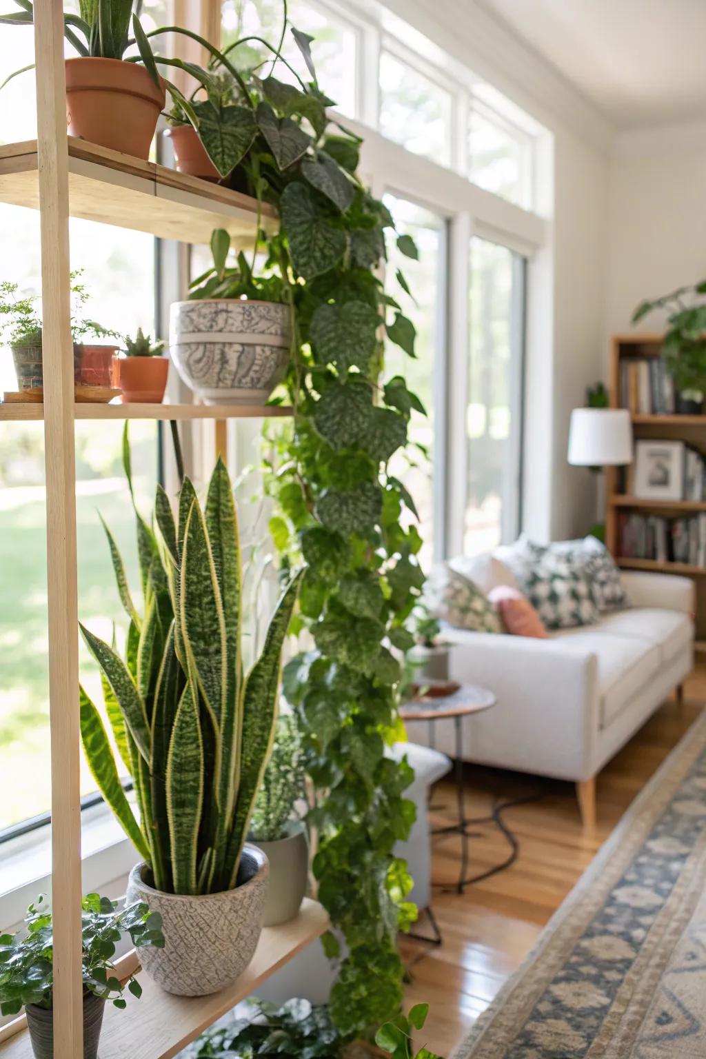 Shelves enhanced with indoor flora, seamlessly integrating nature into the living space.