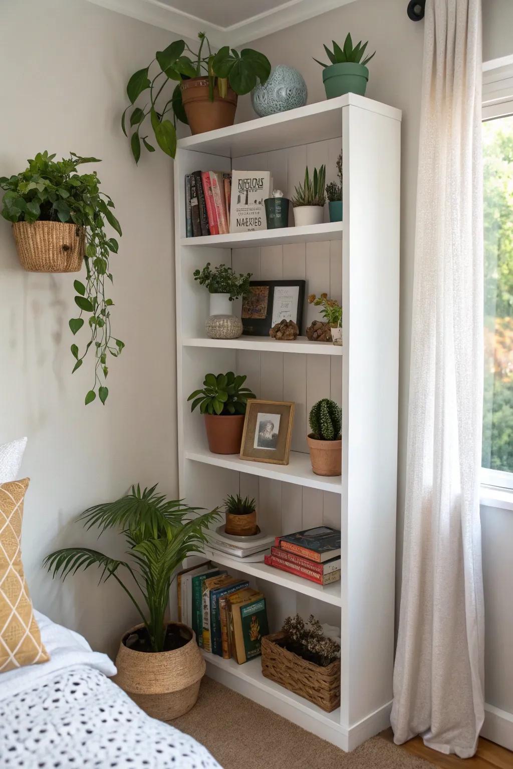 Corner shelves utilize spaces that would otherwise go unused.