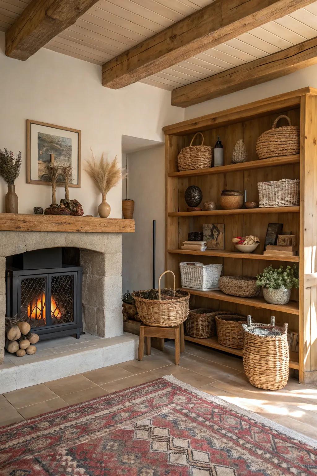 Rustic wooden shelves add farmhouse charm to the space.