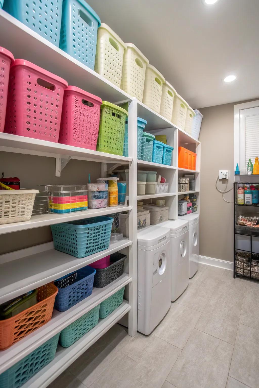 Baskets and containers create a neat and organized appearance on shelves in a utility room.