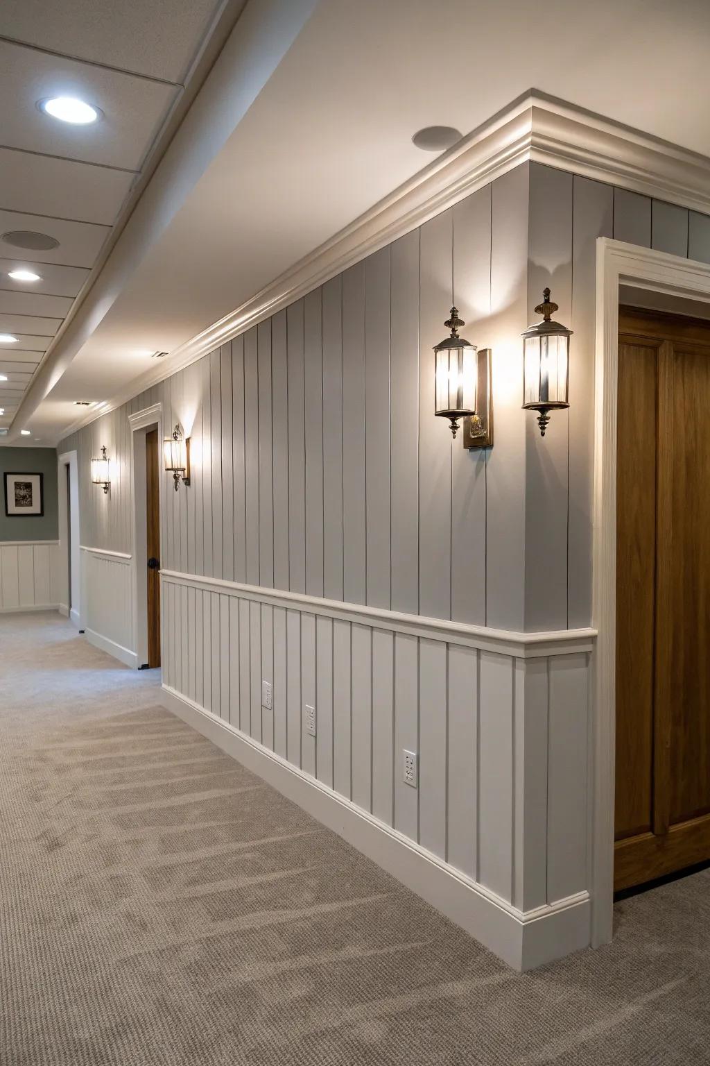 Vertical board and batten walls add height to this fashionable basement.