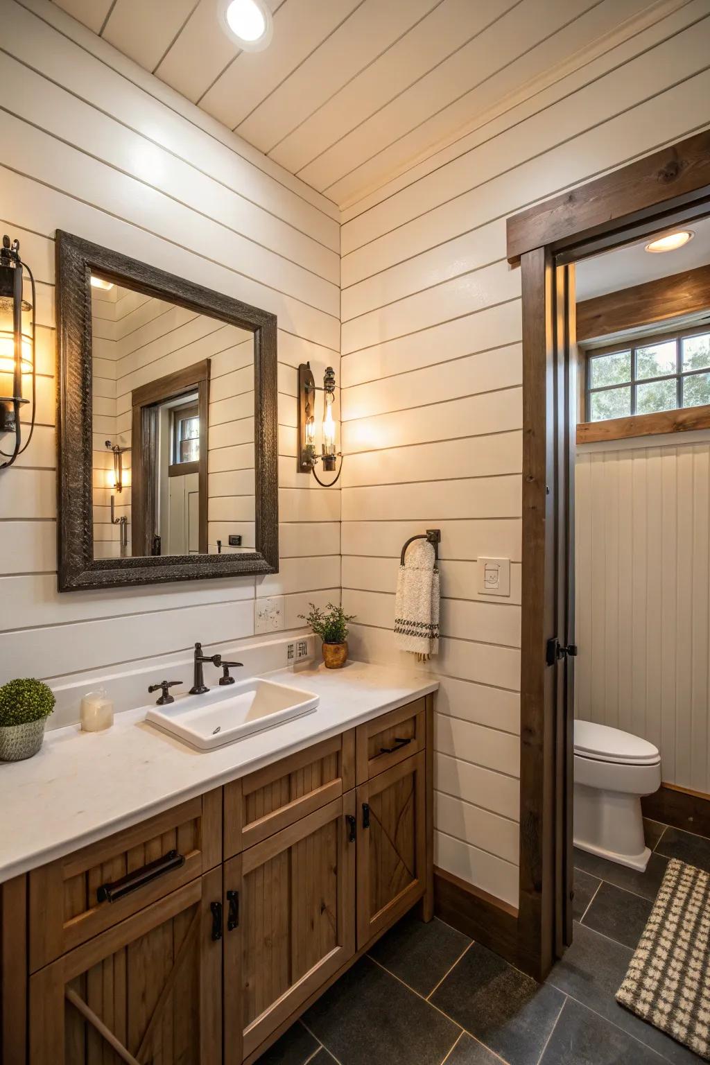 A welcoming bathroom featuring vertical panel walls to maximize height.