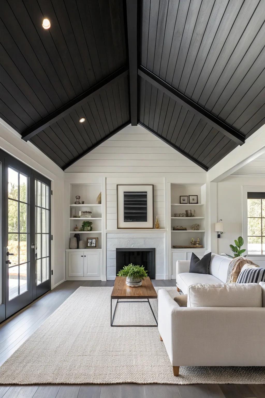 An eye-catching deep-toned shiplap ceiling contributing depth to the room’s aesthetic.