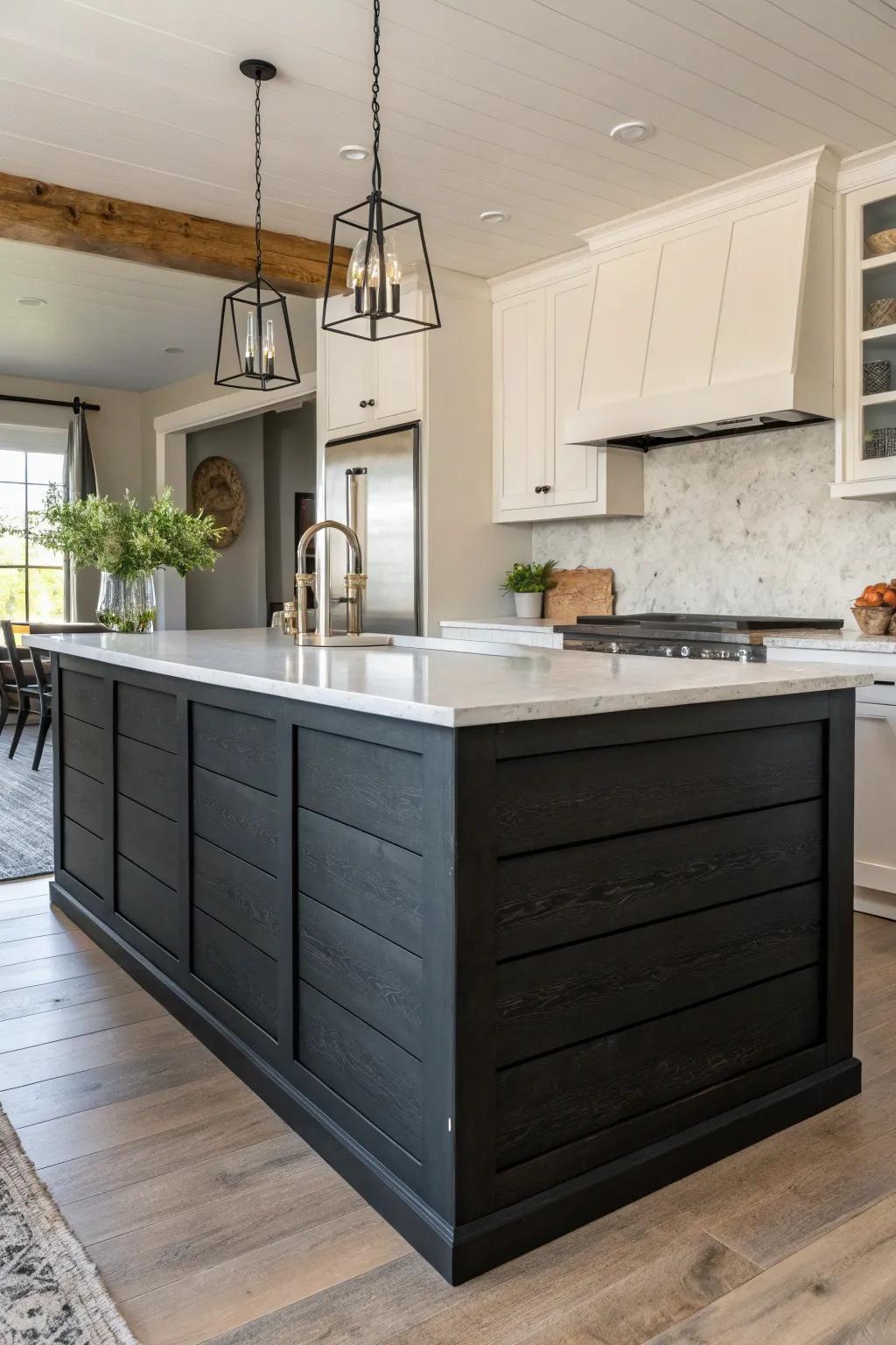 Dark shiplap makes a bold statement against bright stone countertops.