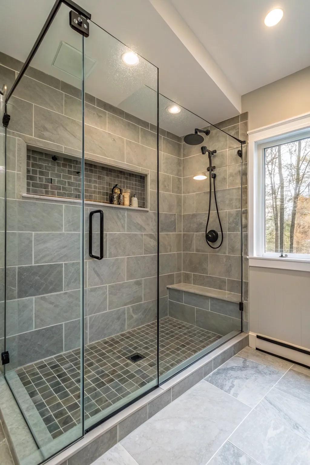This roomy walk-in shower elevates both style and utility.