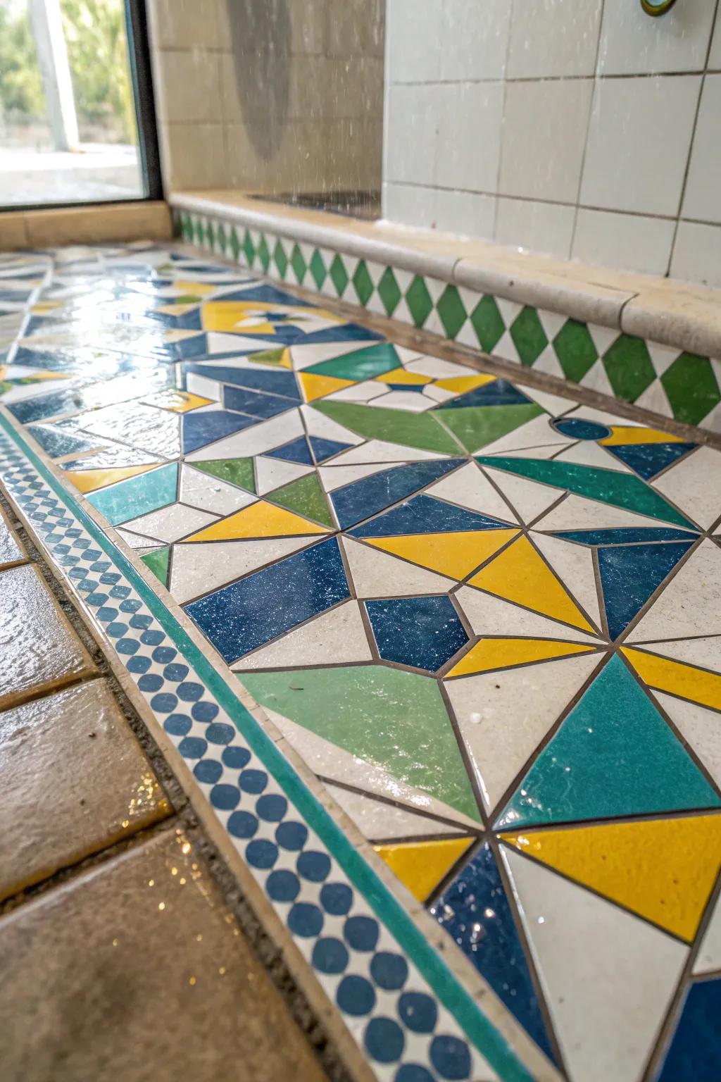 Geometric designs transform your shower floor into a captivating visual delight.