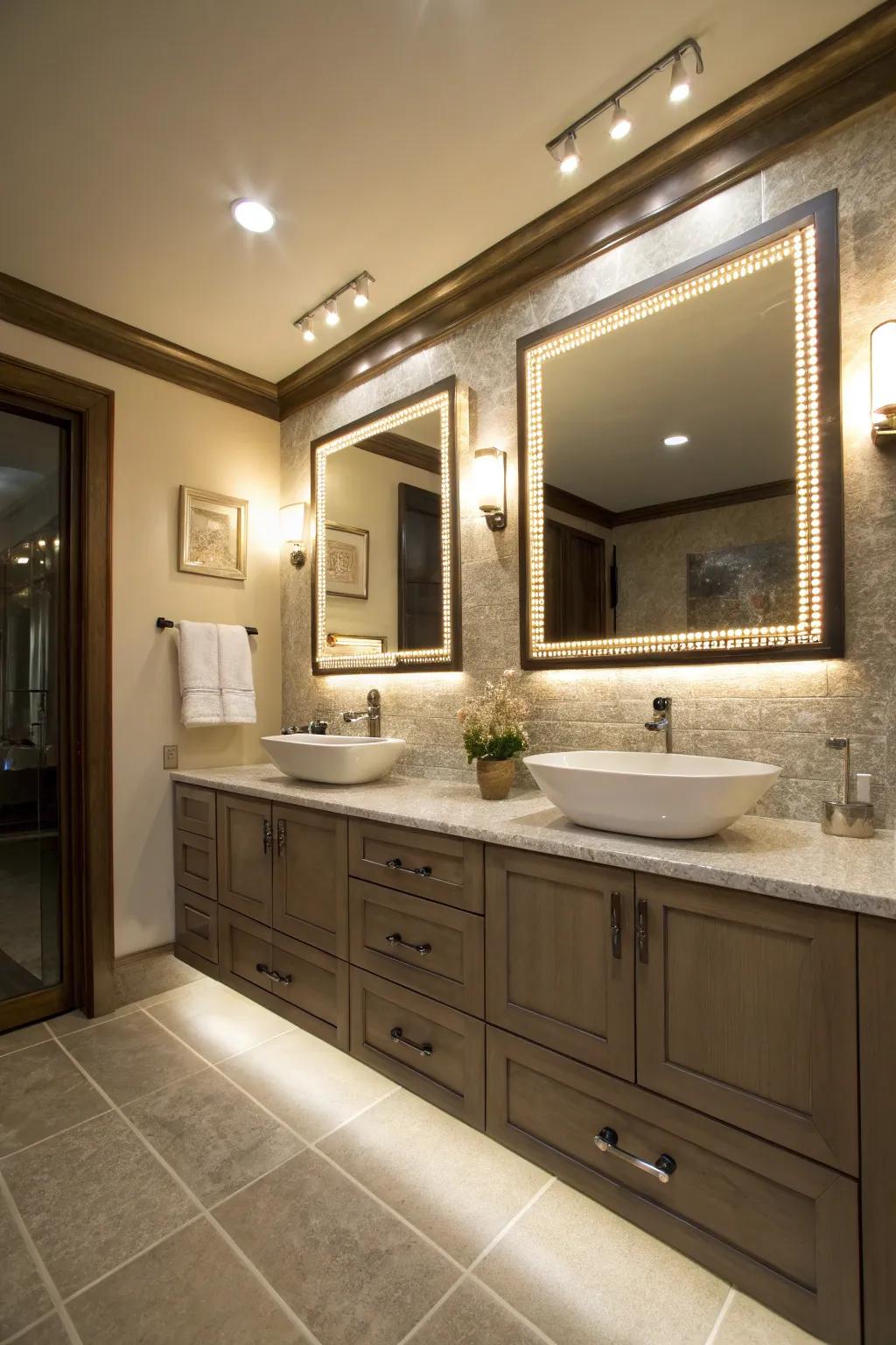 Light strips create a gentle, welcoming glow in the shower area.