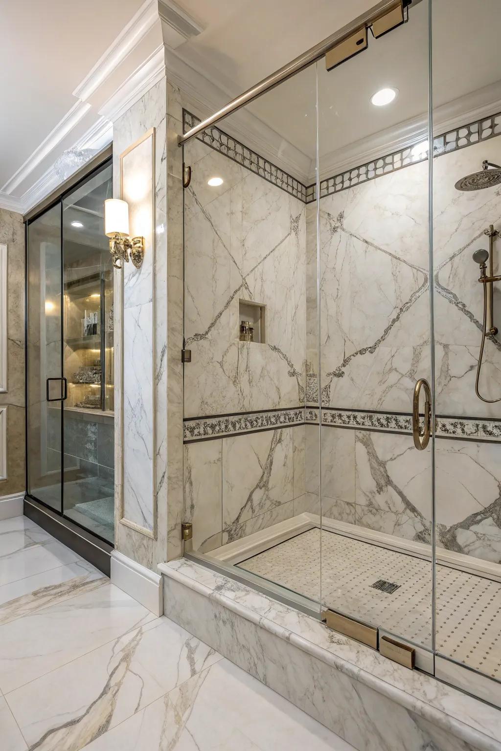Tiles emulating natural stone infuse a timeless grace into any lavatory.