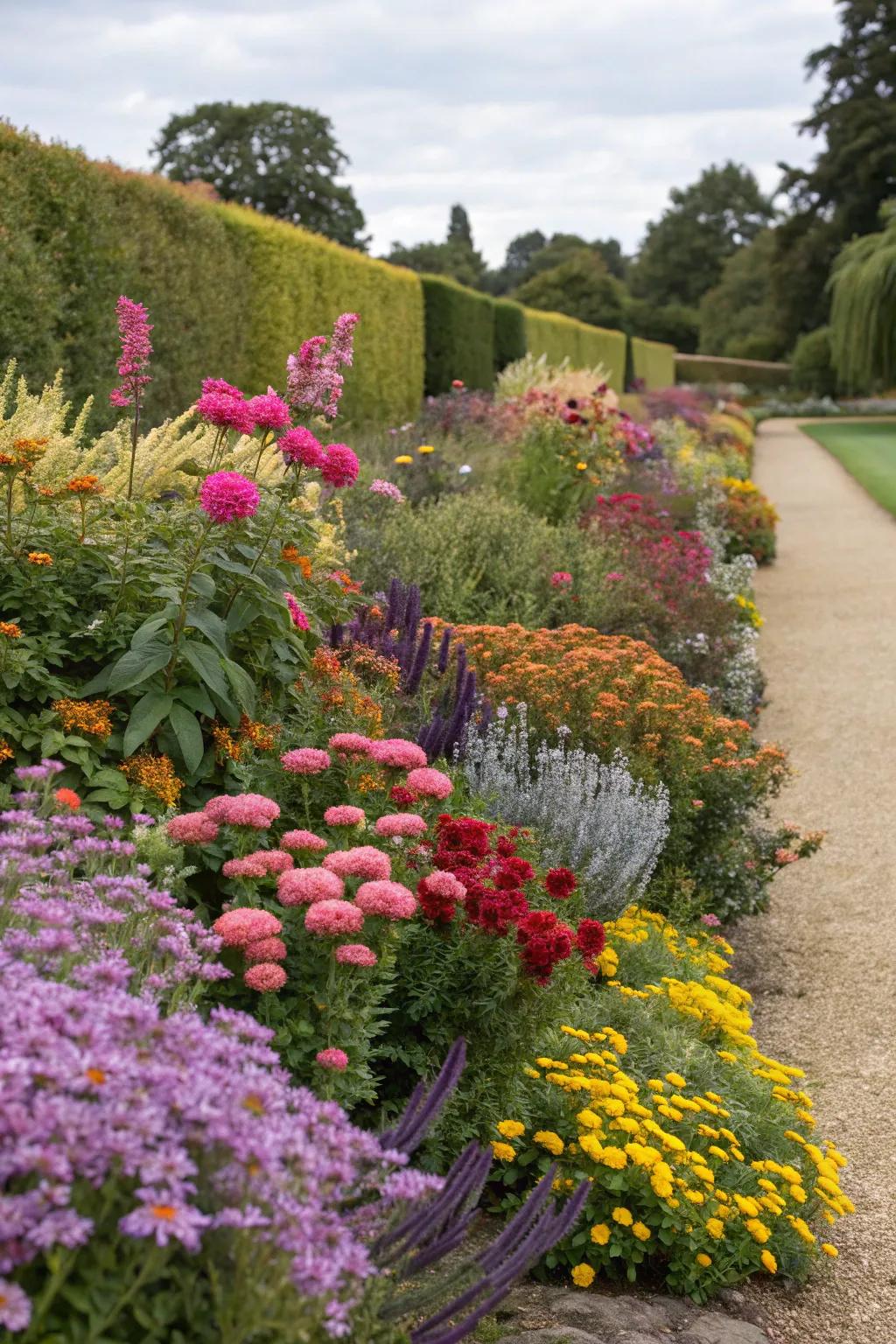 A lively garden border blending colorful flowers and shrubs for visual interest.