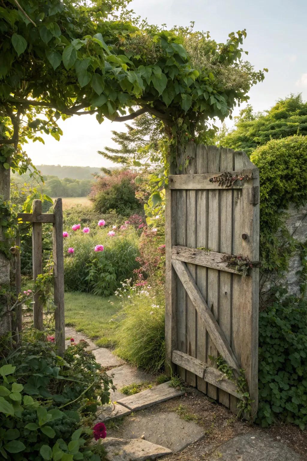 A country-style wooden gate that infuses the garden with a cozy, inviting ambiance.