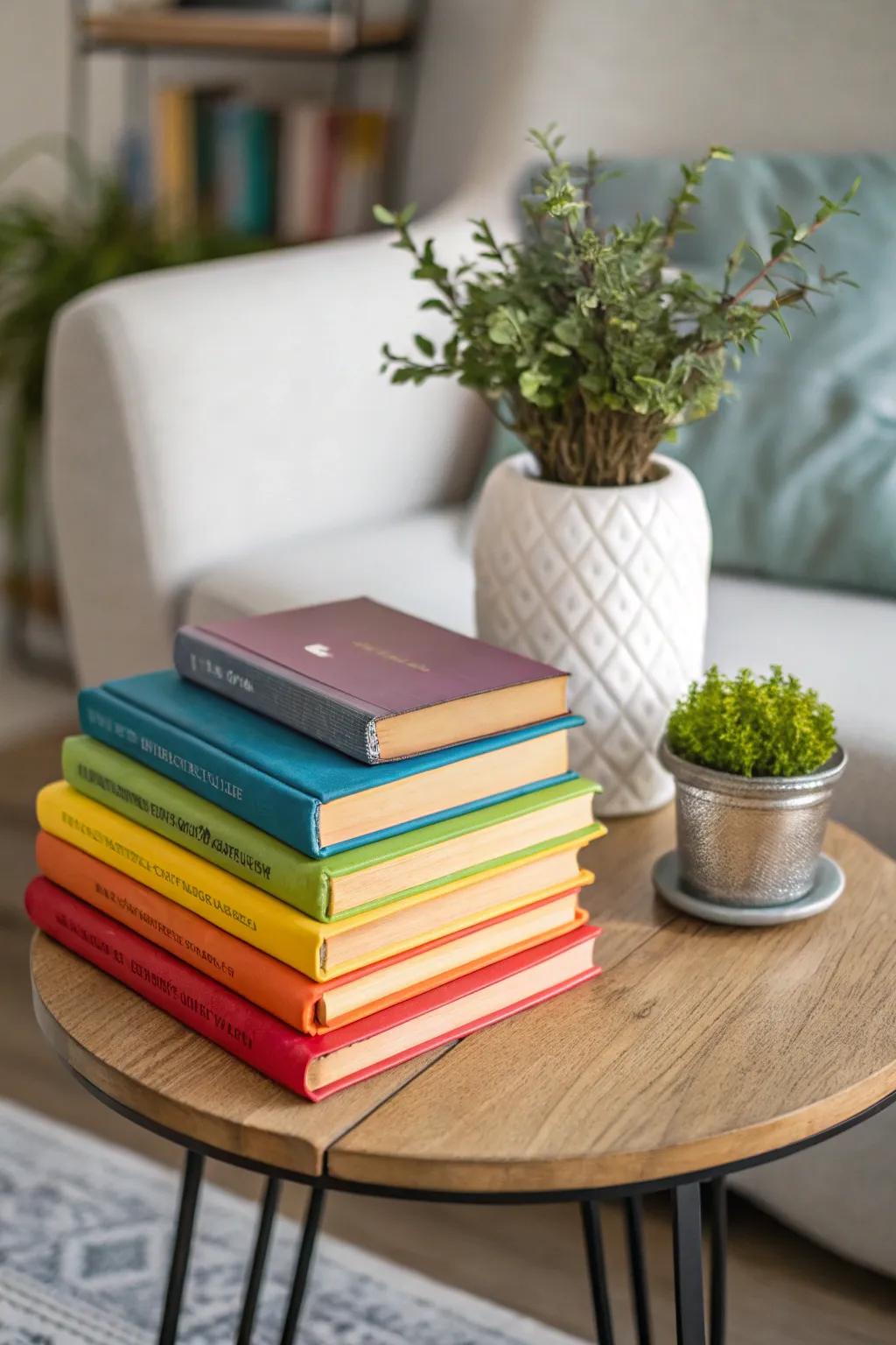 A side table decorated with a stack of colorful books and plant life.