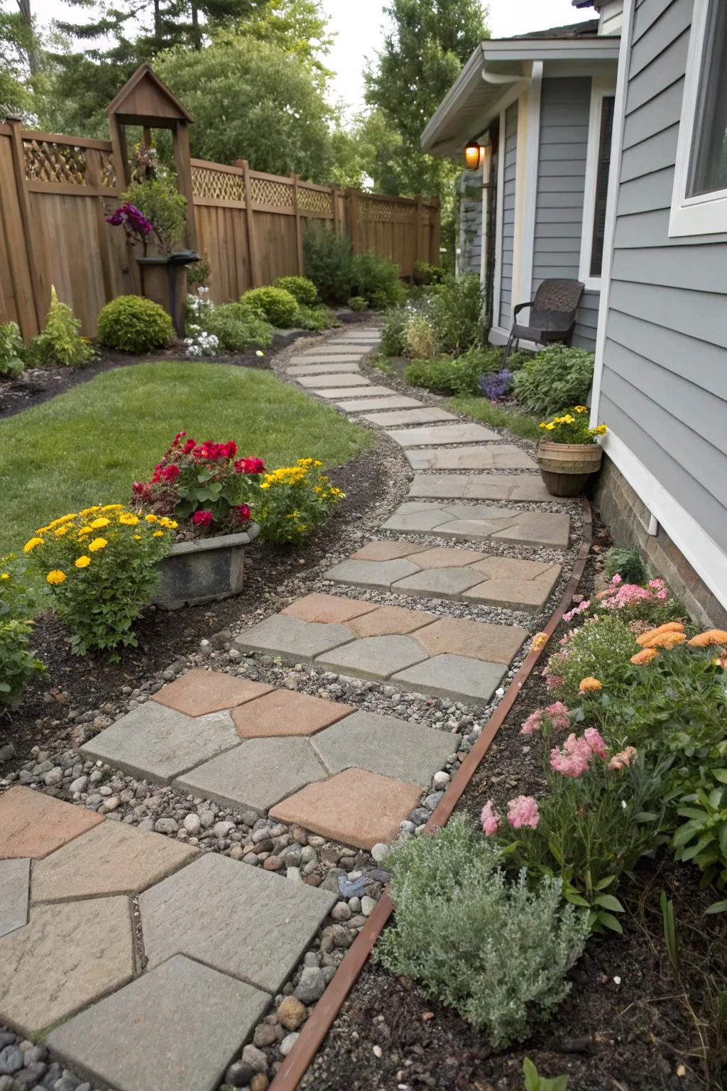 Offset pavers fashion a tranquil and inviting path.