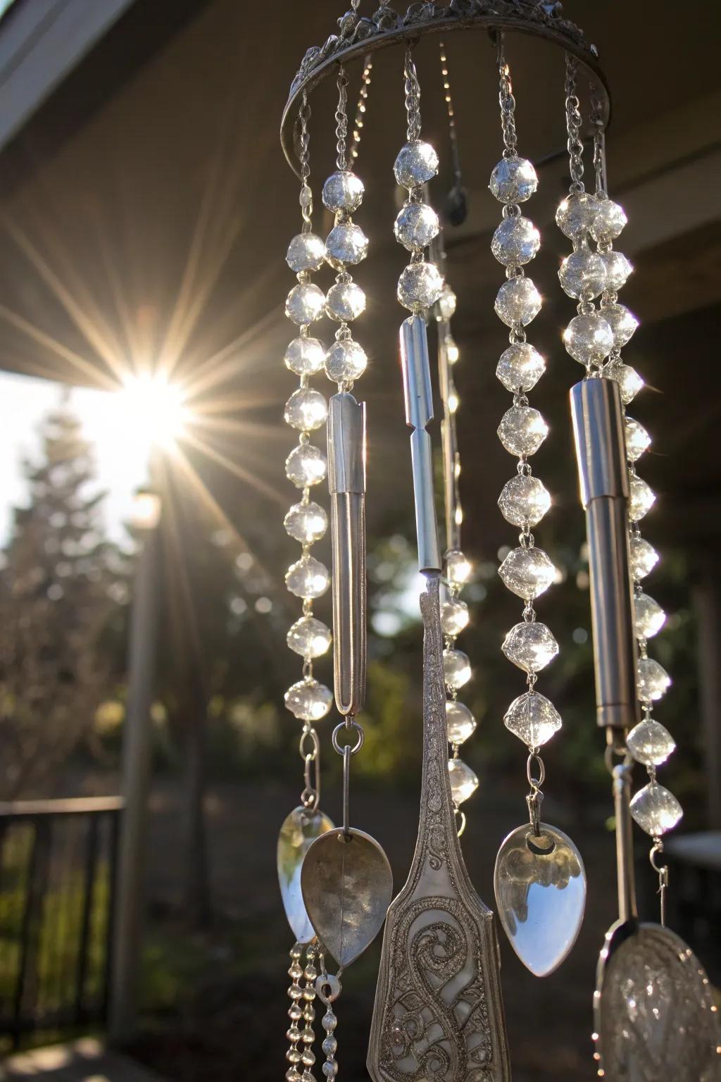 Shimmering glass adds eye-catching glimmer to this silverware wind chime.