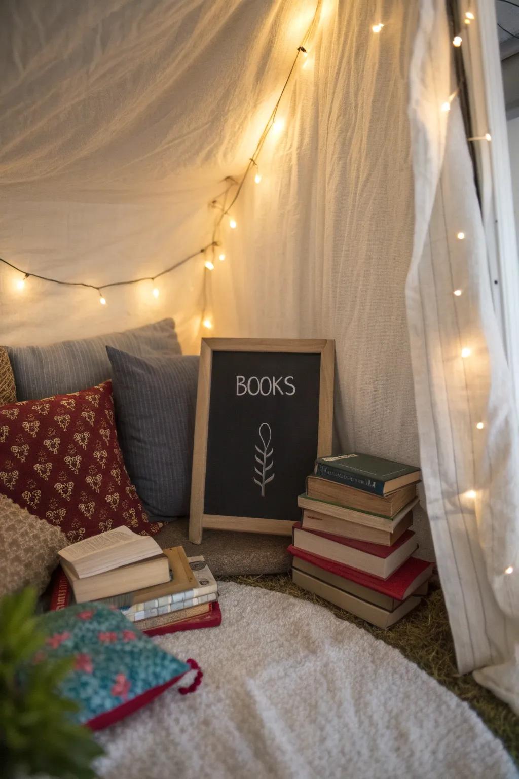 Reading nook featuring a chalkboard quote celebrating the delight found in books.
