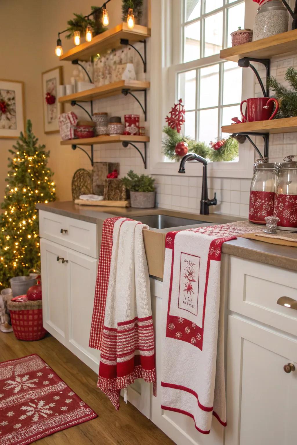 Red and white accents create a classic Christmas look.