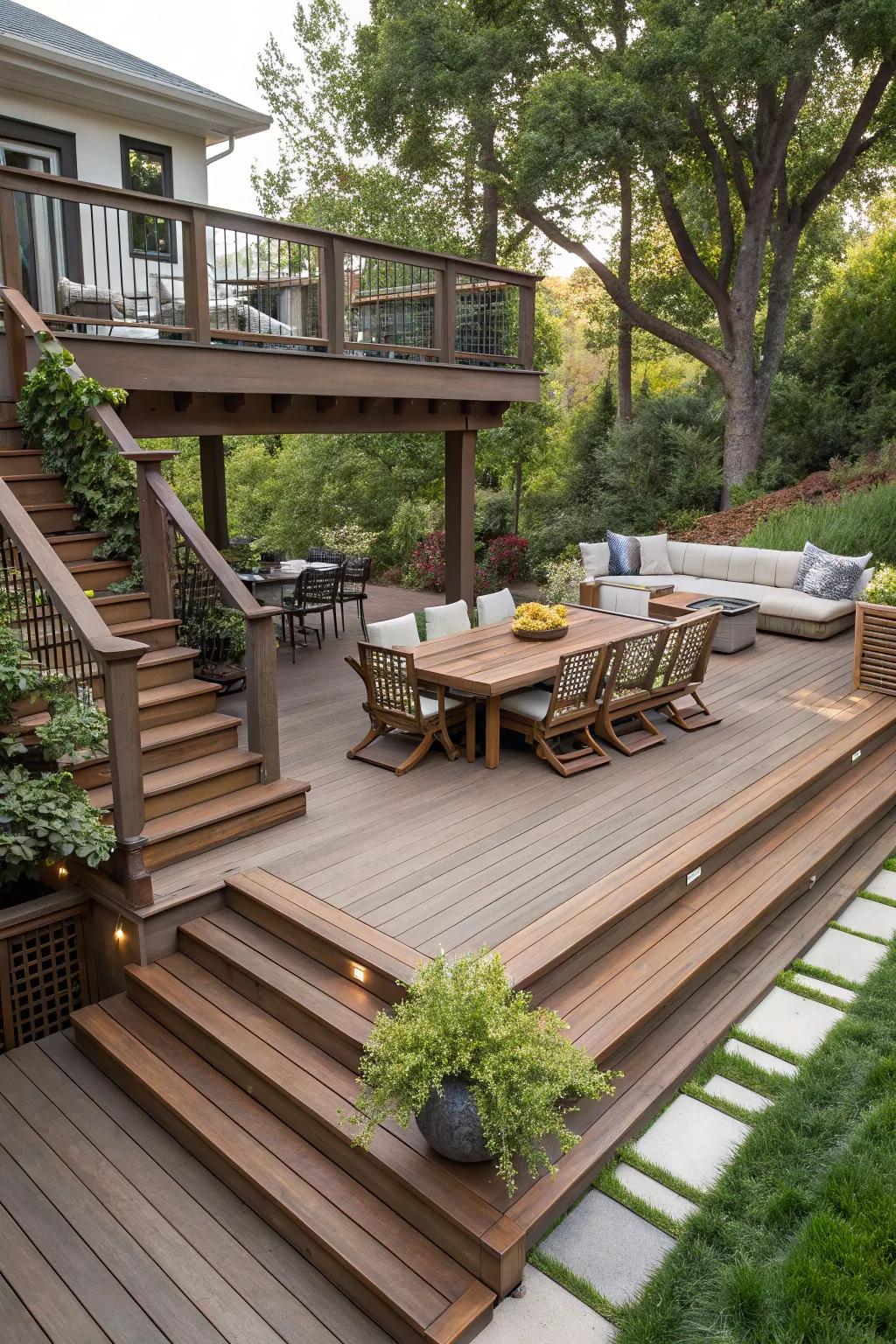 Layered decks enrich your outdoor space with depth and distinct functional zones.