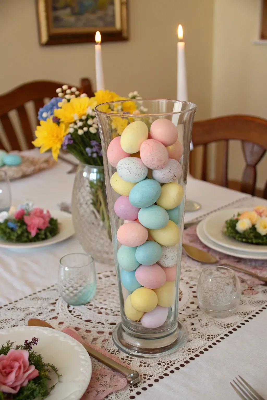 A container of delicate eggs injects a fun burst of color to the tableau.
