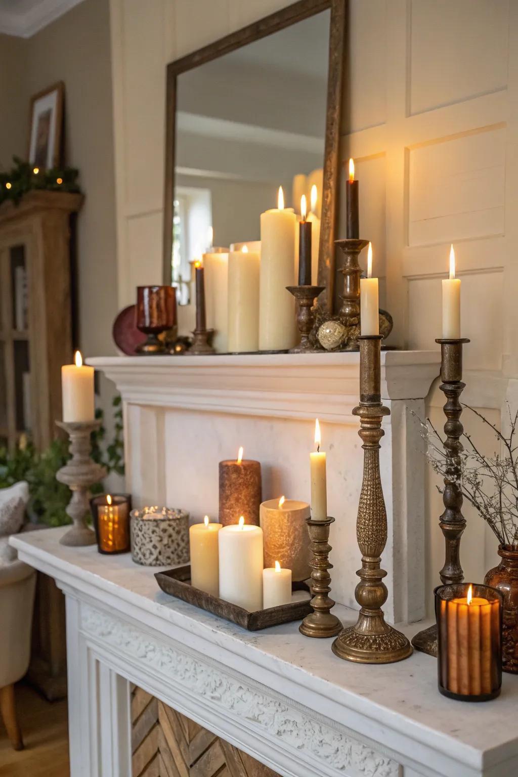 An inviting configuration of tapers lighting up the mantel.