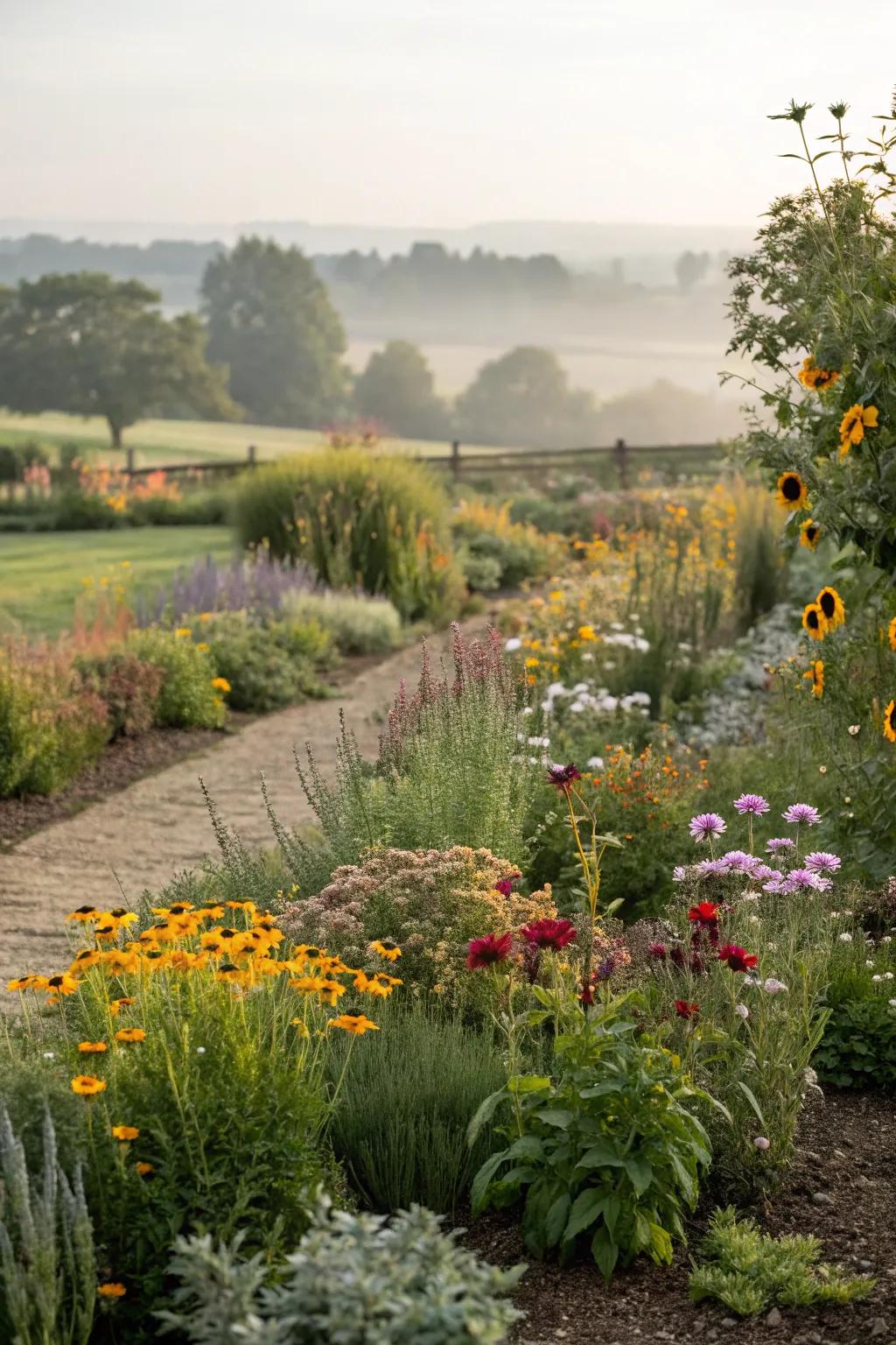 A naturalistic garden where wildflowers blend harmoniously with cultivated plants.