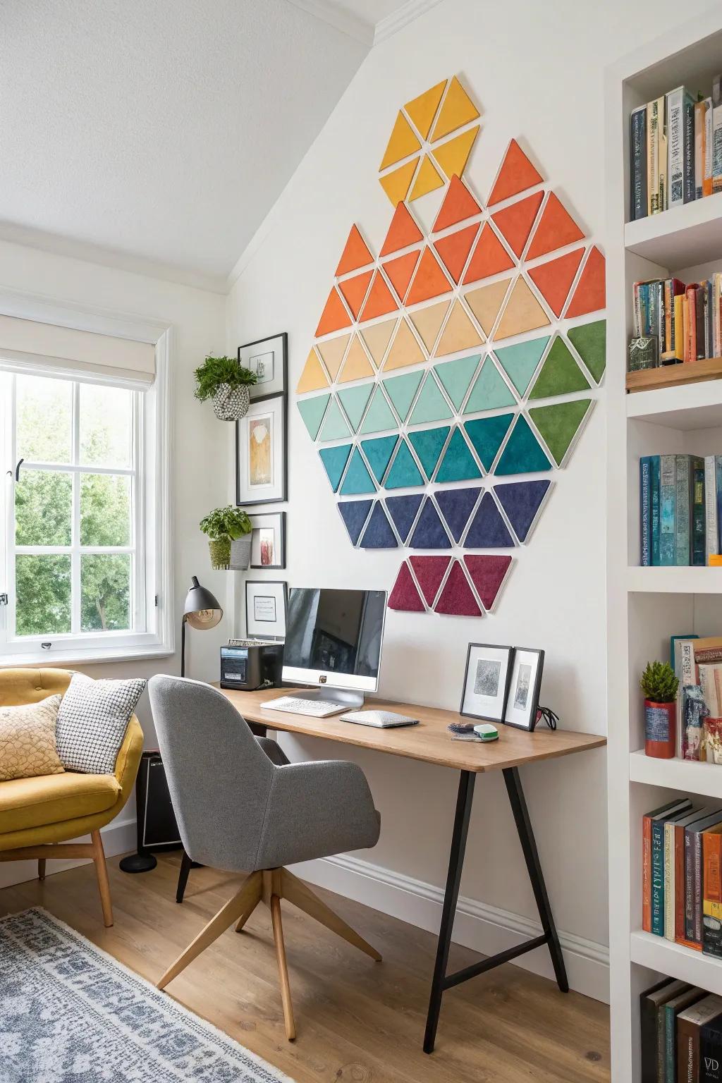 Geometric figures constitute a visually arresting fractal composition in this domestic office.