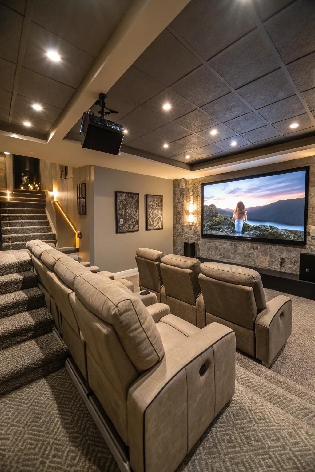 Comfy recliners set up in a home cinema.